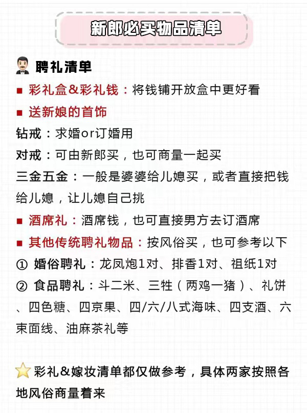 備婚&婚禮男方女方必買物品及聘禮嫁妝清單！  第1張